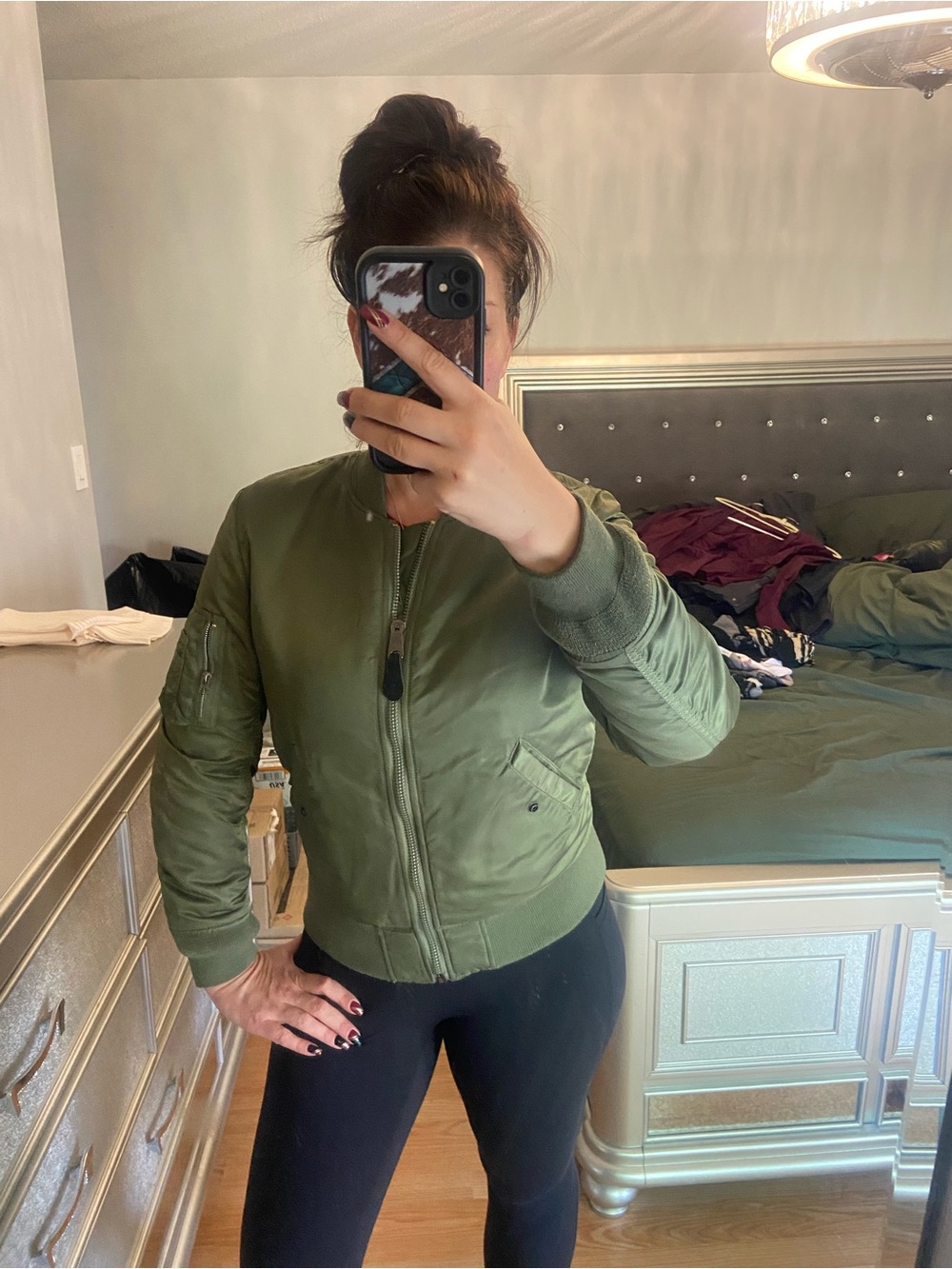Alpha Industries Olive Green Bomber Jacket - Women's Zip Front. Reversible
